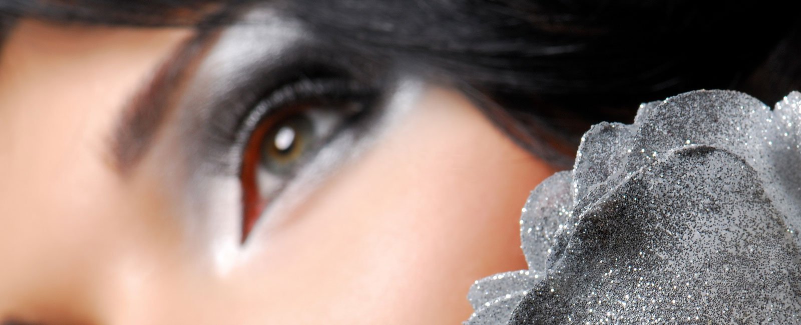 Close-up of a woman's eye with silver and black makeup