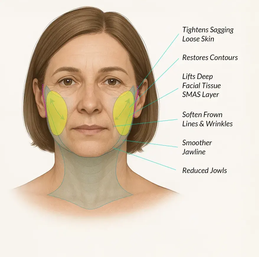Medical infographic of a woman’s face and neck showing facelift target areas with highlighted zones and arrows, labeled with benefits such as tightened skin, restored contours, and reduced jowls.